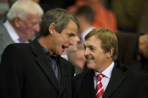 LIVERPOOL, ENGLAND - Thursday, September 16, 2010: Former Liverpool players Alan Hansen and Kenny Dalglish during the opening UEFA Europa League Group K match against FC Steaua Bucuresti at Anfield. (Photo by David Rawcliffe/Propaganda)