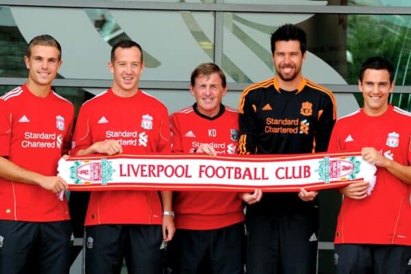 LIVERPOOL, ENGLAND - Wednesday, August 3, 2011: Liverpool's manager Kenny Dalglish with his latest signings (left to right) Jordan Henderson, Charlie Adam, goalkeeper Alexander Doni and Stewart Downing as they pose for photographers following a press conference at the club's Melwood Training Ground. (Pic by Propaganda)