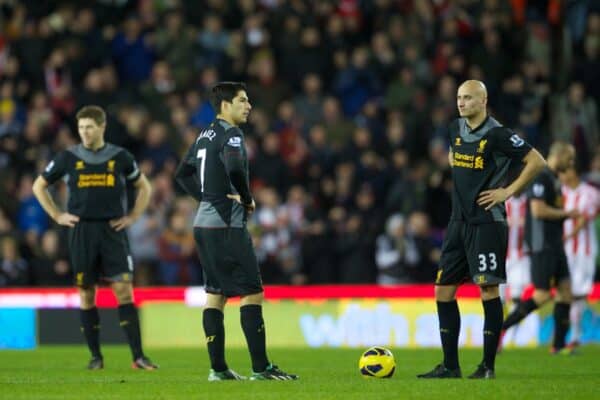 STOKE-ON-TRENT, ENGLAND - Boxing Day Wednesday, December 26, 2012: Liverpool's Luis Alberto Suarez Diaz and Jonjo Shelvey look dejected as Stoke City score the third goal during the Premiership match at the Britannia Stadium. (Pic by David Rawcliffe/Propaganda)