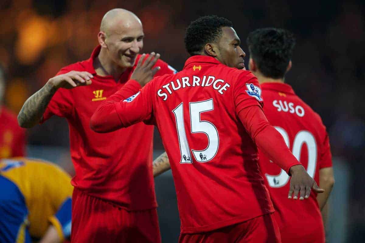 MANSFIELD, ENGLAND - Sunday, January 6, 2013: Liverpool's Daniel Sturridge celebrates scoring the first goal against Mansfield Town by dancing with team-mate Jonjo Shelvey during the FA Cup 3rd Round match at Field Mill. (Pic by David Rawcliffe/Propaganda)