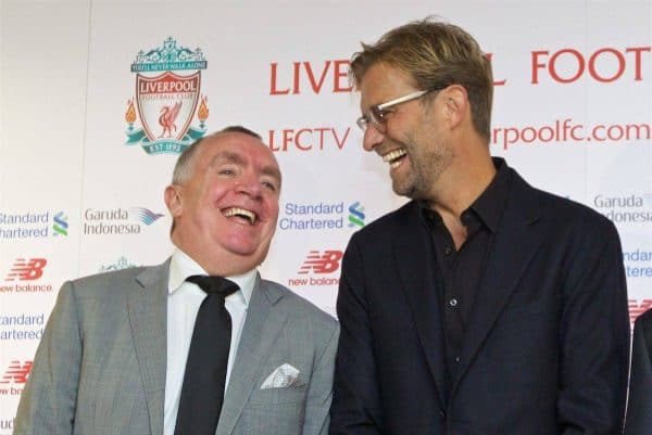 LIVERPOOL, ENGLAND - Friday, October 9, 2015: Liverpool's Managing Director Ian Ayre [L] and new manager Jürgen Klopp share a joke during a press conference at Anfield. (Pic by David Rawcliffe/Propaganda)