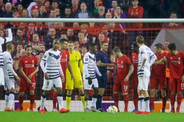 LIVERPOOL, ENGLAND - Thursday, November 26, 2015: Israel referee Alon Yefet orders the Liverpool players back after awarding an indirect free-kick to FC Girondins de Bordeaux in the Liverpool penalty area during the UEFA Europa League Group Stage Group B match at Anfield. (Pic by David Rawcliffe/Propaganda)