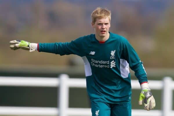 LIVERPOOL, ENGLAND - Saturday, April 9, 2016: Liverpool's goalkeeper Caoimhin Kelleher in action against Everton during the FA Premier League Academy match at Finch Farm. (Pic by David Rawcliffe/Propaganda)