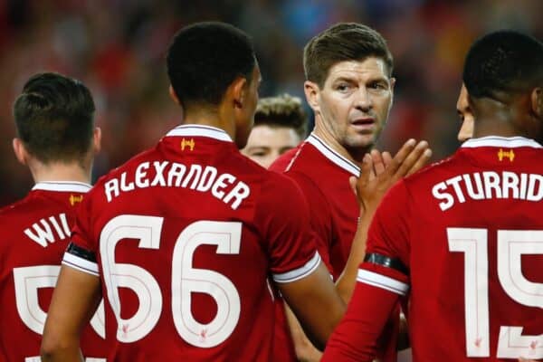 SYDNEY, AUSTRALIA - Wednesday, May 24, 2017: Liverpool's Steven Gerrard i with Trent Alexander-Arnold, Daniel Sturridge and Ben Woodburn during a post-season friendly match against Sydney FC at the ANZ Stadium. (Pic by Jason O'Brien/Propaganda)