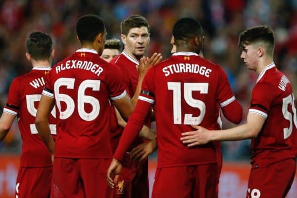 SYDNEY, AUSTRALIA - Wednesday, May 24, 2017: Liverpool's Steven Gerrard i with Trent Alexander-Arnold, Daniel Sturridge and Ben Woodburn during a post-season friendly match against Sydney FC at the ANZ Stadium. (Pic by Jason O'Brien/Propaganda)