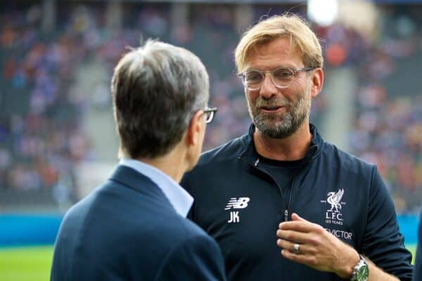 BERLIN, GERMANY - Saturday, July 29, 2017: Liverpool's manager Jürgen Klopp chats with club owner John W. Henry before a preseason friendly match celebrating 125 years of football for Liverpool and Hertha BSC Berlin at the Olympic Stadium. (Pic by David Rawcliffe/Propaganda)