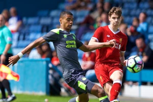 NUNEATON, ENGLAND - Sunday, July 30, 2017: Liverpool's Sam Hart and PSV Eindhoven's Cody Gakpo during a pre-season friendly between Liverpool and PSV Eindhoven at the Liberty Way Stadium. (Pic by Paul Greenwood/Propaganda)