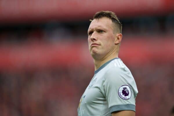 LIVERPOOL, ENGLAND - Saturday, October 14, 2017: Manchester United's Phil Jones during the FA Premier League match between Liverpool and Manchester United at Anfield. (Pic by David Rawcliffe/Propaganda)