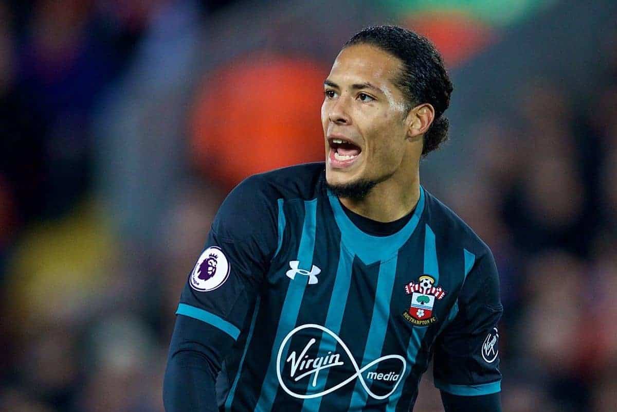 LIVERPOOL, ENGLAND - Saturday, October 28, 2017: Southampton's Virgil Van Dijk during the FA Premier League match between Liverpool and Southampton at Anfield. (Pic by David Rawcliffe/Propaganda)