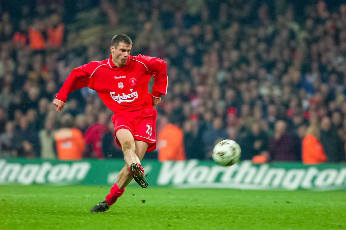 CARDIFF, WALES - Sunday, February 25, 2001: Liverpool's Jamie Carragher scores his side's sixth penalty of the shoot-out during the Football League Cup Final match between Liverpool FC and Birmingham City FC at the Millennium Stadium. The match ended in a 1-1 draw after extra-time, Liverpool won 5-4 on penalties. (Pic by David Rawcliffe/Propaganda)