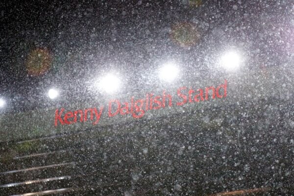 LIVERPOOL, ENGLAND - Saturday, March 17, 2018: The Kenny Dalglish Stand (formerly the Kemlyn Road and Centenary Stand) is hardly visible through the snow storm during the FA Premier League match between Liverpool FC and Watford FC at Anfield. (Pic by David Rawcliffe/Propaganda)