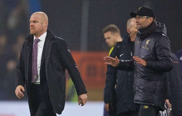 BURNLEY, ENGLAND - Wednesday, December 5, 2018: Burnley's manager Sean Dyche and Liverpool's manager J¸rgen Klopp exchange words after the FA Premier League match between Burnley FC and Liverpool FC at Turf Moor. Liverpool won 3-1. (Pic by David Rawcliffe/Propaganda)