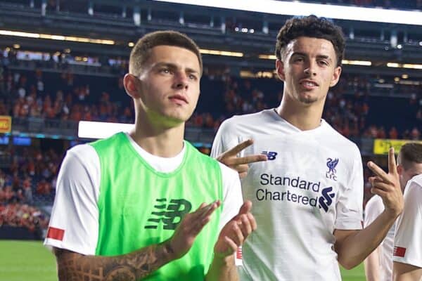 NEW YORK, NEW YORK, USA - Wednesday, July 24, 2019: Liverpool's Adam Lewis, Curtis Jones and Bobby Duncan during a lap of honour after a friendly match between Liverpool FC and Sporting Clube de Portugal at the Yankee Stadium on day nine of the club's pre-season tour of America. (Pic by David Rawcliffe/Propaganda)
