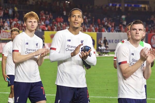 NEW YORK, NEW YORK, USA - Wednesday, July 24, 2019: Liverpool's Fabio Henrique Tavares 'Fabinho', Sepp van den Berg, Virgil van Dijk, Andy Robertson, Trent Alexander-Arnold, Ben Woodburn and goalkeeper Andy Lonergan after a friendly match between Liverpool FC and Sporting Clube de Portugal at the Yankee Stadium on day nine of the club's pre-season tour of America. The game ended in a 2-2 draw. (Pic by David Rawcliffe/Propaganda)