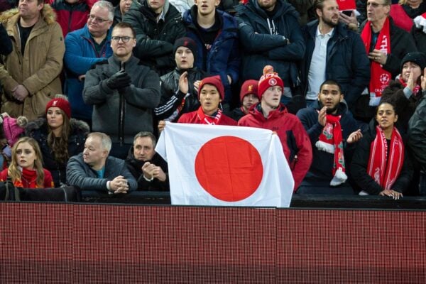 LIVERPOOL, ENGLAND - Sunday, January 5, 2020: Liverpool supporters with a Japan flag during the FA Cup 3rd Round match between Liverpool FC and Everton FC, the 235th Merseyside Derby, at Anfield. (Pic by David Rawcliffe/Propaganda)