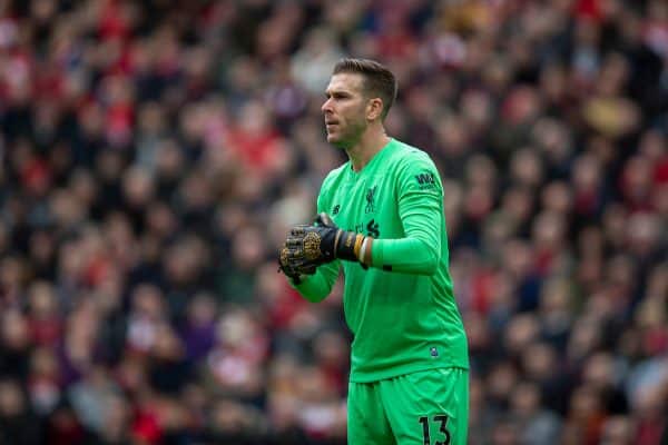 LIVERPOOL, ENGLAND - Saturday, March 7, 2020: Liverpool's goalkeeper Adrián San Miguel del Castillo during the FA Premier League match between Liverpool FC and AFC Bournemouth at Anfield. (Pic by David Rawcliffe/Propaganda)