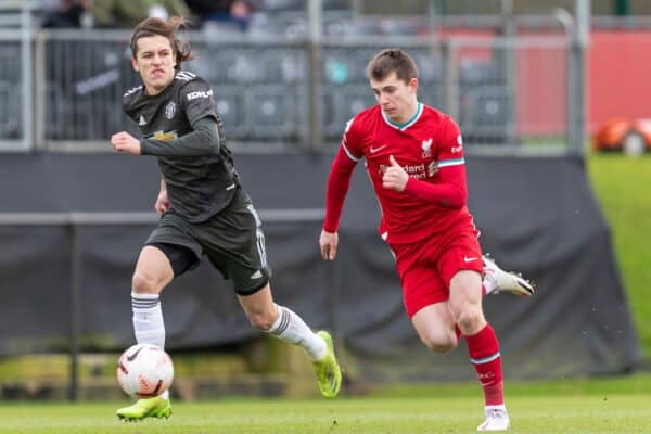 KIRKBY, ENGLAND - Saturday, January 30, 2021: Liverpool's Ben Woodburn (R) and Manchester United's Alvaro Fernandez during the Premier League 2 Division 1 match between Liverpool FC Under-23's and Manchester United FC Under-23's at the Liverpool Academy. Manchester United won 6-3. (Pic by David Rawcliffe/Propaganda)