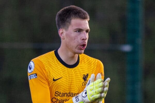 SEAGRAVE, ENGLAND - Monday, May 10, 2021: Liverpool's goalkeeper Jakub Ojrzynski during the Premier League 2 Division 1 match between Leicester City FC Under-23's and Liverpool FC Under-23's at the Leicester City Training Ground. Liverpool won 2-0. (Pic by David Rawcliffe/Propaganda)