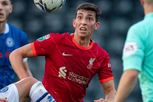 ROCHDALE, ENGLAND - Tuesday, August 31, 2021: Liverpool's Matteo Ritaccio during the English Football League Trophy match between Rochdale AFC and Liverpool FC Under-21's at Spotland Stadium. Rochdale won 4-0. (Pic by David Rawcliffe/Propaganda)