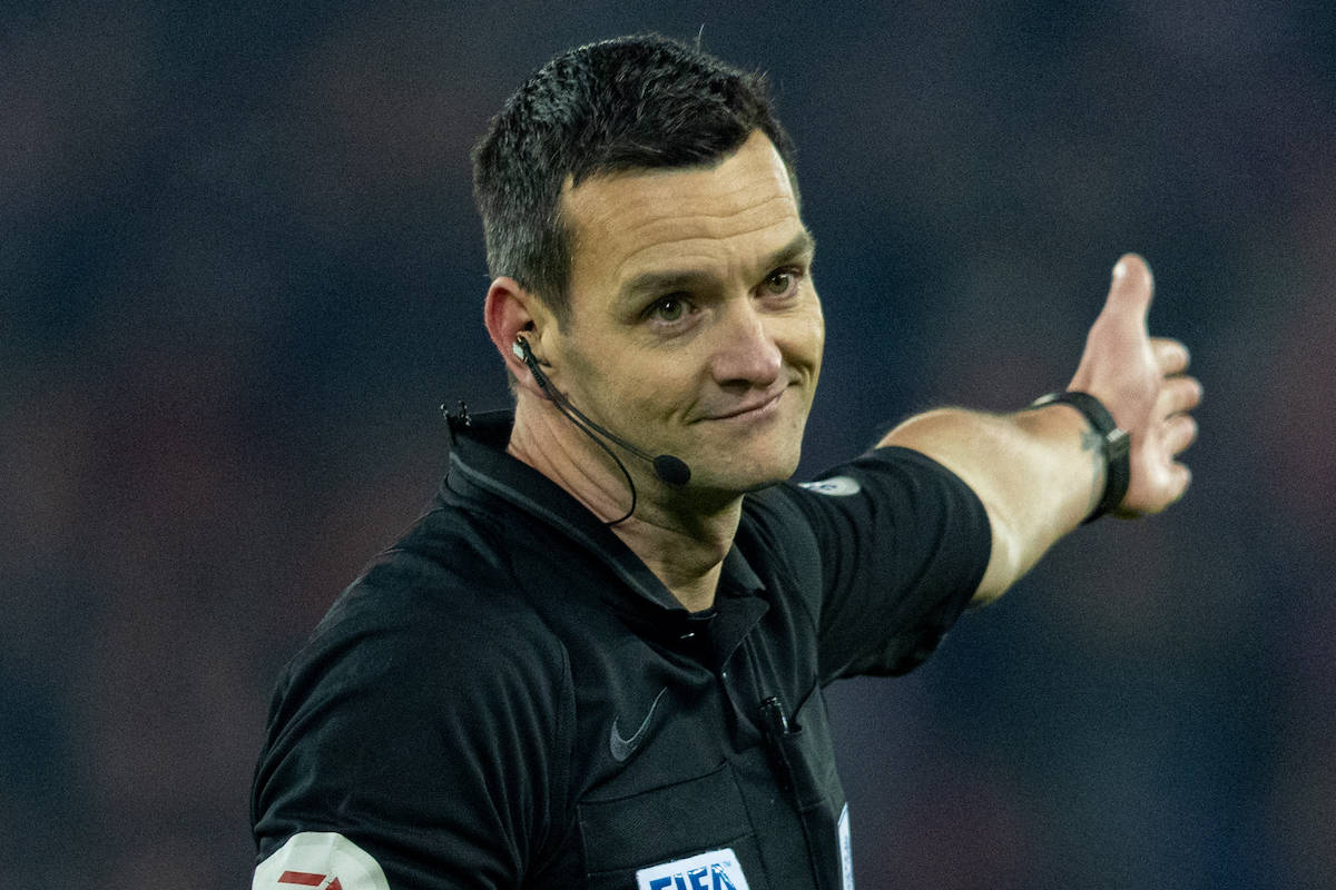 LIVERPOOL, ENGLAND - Wednesday, December 22, 2021: Referee Andy Madley during the Football League Cup Quarter-Final match between Liverpool FC and Leicester City FC at Anfield. Liverpool won 5-4 on penalties after a 3-3 draw. (Pic by David Rawcliffe/Propaganda)