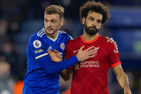 LEICESTER, ENGLAND - Tuesday, December 28, 2021: Liverpool's Mohamed Salah looks dejected as Leicester City's Kiernan Dewsbury-Hall (L) looks on after the FA Premier League match between Leicester City FC and Liverpool FC at the King Power Stadium. Leicester City won 1-0. (Pic by David Rawcliffe/Propaganda)