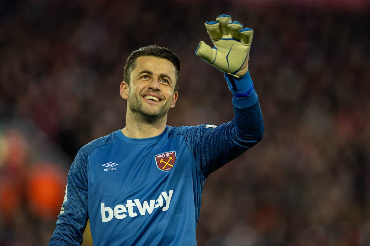 LIVERPOOL, INGHILTERRA - Venerdì 4 marzo 2022: il portiere del West Ham United Žukasz Fabiažski durante la partita di FA Premier League tra Liverpool FC e West Ham United FC ad Anfield. (Foto di David Rawcliffe/Propaganda)