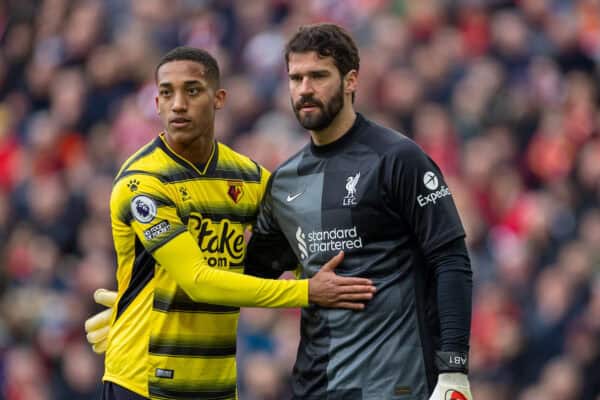 LIVERPOOL, ENGLAND - Saturday, April 2, 2022: Watford's João Pedro (L) and Liverpool's goalkeeper Alisson Becker during the FA Premier League match between Liverpool FC and Watford FC at Anfield. Liverpool won 2-0. (Pic by David Rawcliffe/Propaganda)