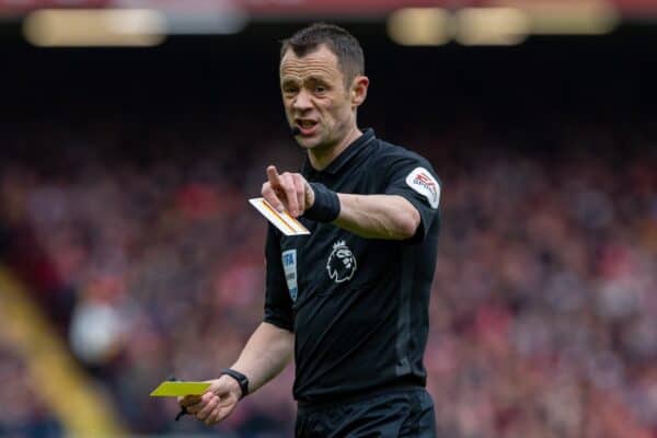 LIVERPOOL, ENGLAND - Saturday, April 2, 2022: Referee Stuart Atwell during the FA Premier League match between Liverpool FC and Watford FC at Anfield. Liverpool won 2-0. (Pic by David Rawcliffe/Propaganda)