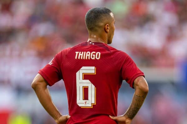 LEIPZIG, GERMANY - Thursday, July 21, 2022: Liverpool's #6 Thiago Alcântara during a pre-season friendly match between RB Leipzig and Liverpool FC at the Red Bull Arena. Liverpool won 5-0. (Pic by David Rawcliffe/Propaganda)