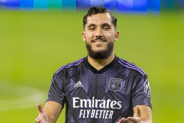 DUBAI, UNITED ARAB EMIRATES - Sunday, December 11, 2022: Olympique Lyonnais' Rayan Cherki walks up to take a penalty in the post-match shoot-out during the Dubai Super Cup 2022 match between Liverpool FC and Olympique Lyonnais at Al Maktoum Stadium. (Pic by David Rawcliffe/Propaganda)