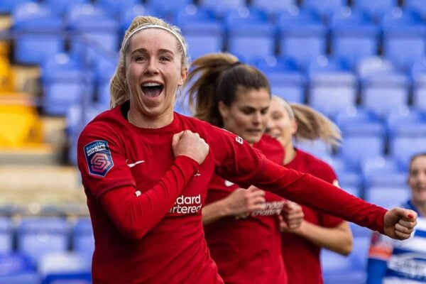 BIRKENHEAD, ENGLAND - Sunday, February 5, 2023: Liverpool's Missy Bo Kearns (L) celebrates after scoring the opening goal during the FA Women’s Super League game between Liverpool FC Women and Reading FC Women at Prenton Park. Liverpool won 2-0. (Pic by David Rawcliffe/Propaganda)