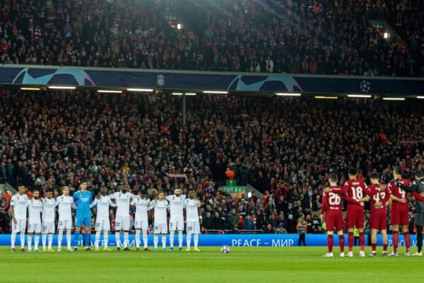 LIVERPOOL, ENGLAND - Tuesday, February 21, 2023: Liverpool and Real Madrid players stand for a momen's silence before the UEFA Champions League Round of 16 1st Leg game between Liverpool FC and Real Madrid at Anfield. (Pic by David Rawcliffe/Propaganda)