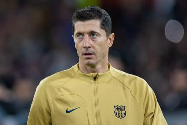 MANCHESTER, ENGLAND - Thursday, February 23, 2023: Barcelona's Robert Lewandowski lines-up before the UEFA Europa League Play-Off 2nd Leg game between Manchester United FC and FC Barcelona at Old Trafford. (Pic by David Rawcliffe/Propaganda)