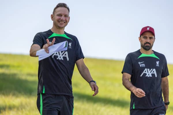 DONESCHINGEN, GERMANY - Tuesday, July 18, 2023: Liverpool's first-team development coach Pepijn Lijnders (L) and elite development coach Vitor Matos walk to a training session during a pre-season training camp in Germany. (Pic by David Rawcliffe/Propaganda)