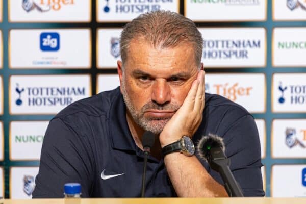 SINGAPORE - Wednesday, July 26, 2023: Tottenham Hotspur's manager Ange Postecoglou during a post-match press conference after the Tiger Cup pre-season friendly match between Tottenham Hotspur FC and Lion City Sailors FC at the Singapore National Stadium. Tottenham won 5-1. (Pic by David Rawcliffe/Propaganda)