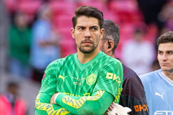 LONDON, ENGLAND - Sunday, August 6, 2023: Manchester City's goalkeeper Ederson Santana de Moraes (L) and goalkeeper Stefan Ortega (R) look dejected after the FA Community Shield match between Manchester City FC and Arsenal FC at Wembley Stadium. Arsenal won 4-1 on penalties. (Pic by David Rawcliffe/Propaganda)