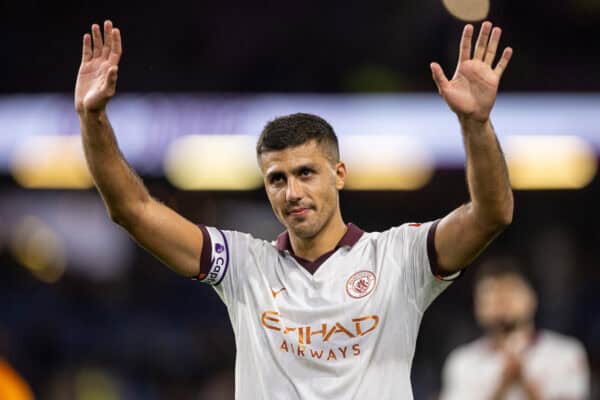 BURNLEY, ENGLAND - Friday, August 11, 2023: Manchester City's goal-scorer Rodrigo Hernández Cascante 'Rodri' celebrates after the FA Premier League match between Burnley FC and Manchester City FC at Turf Moor. Man City won 3-0. (Pic by David Rawcliffe/Propaganda)