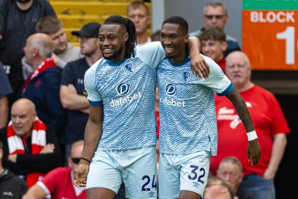 LIVERPOOL, ENGLAND - Saturday, August 19, 2023: Bournemouth's Antoine Semenyo (L) celebrates with team-mate Jaidon Anthony after scoring the first goal during the FA Premier League match between Liverpool FC and AFC Bournemouth at Anfield. Liverpool won 3-1. (Pic by David Rawcliffe/Propaganda)