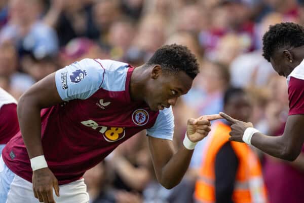 BIRMINGHAM, INGHILTERRA - domenica 20 agosto 2023: Jhon Durán dell'Aston Villa festeggia dopo aver segnato il quarto gol durante la partita della fa Premier League tra l'Aston Villa FC e l'Everton FC a Villa Park. (Foto di David Rawcliffe/Propaganda)