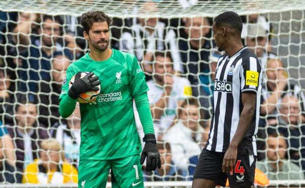 NEWCASTLE-UPON-TYNE, ENGLAND - Sunday, August 27, 2023: Liverpool's goalkeeper Alisson Becker during the FA Premier League match between Newcastle United FC and Liverpool FC at St James' Park. Liverpool won 2-1. (Pic by David Rawcliffe/Propaganda)