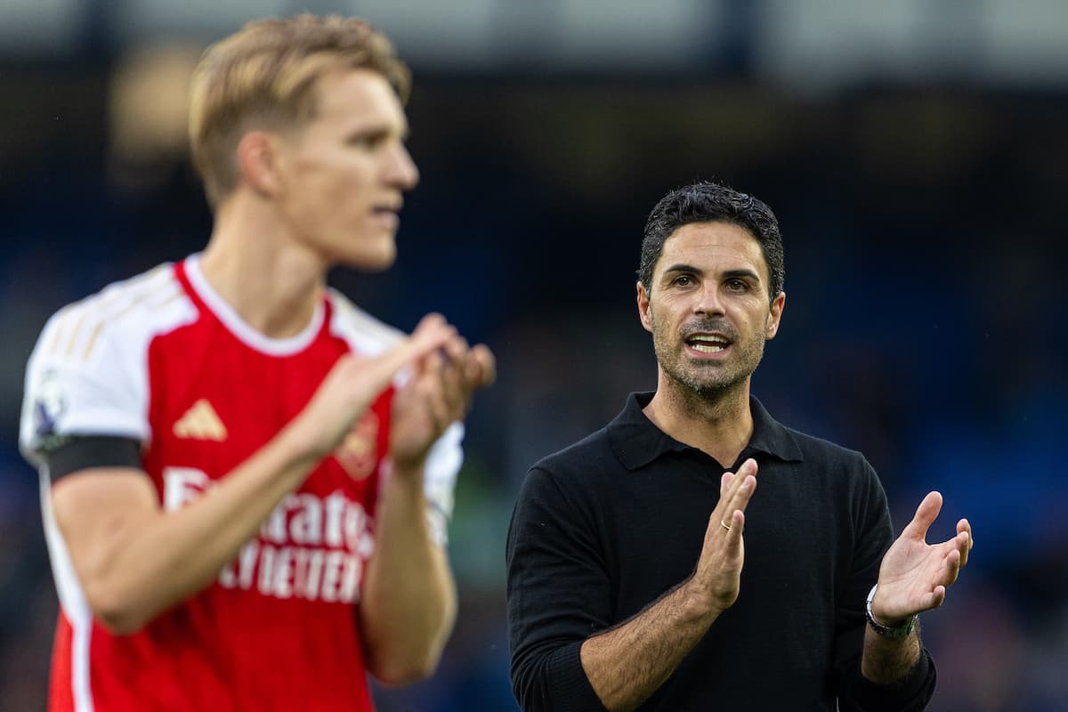 LIVERPOOL, ENGLAND - Sunday, September 17, 2023: Arsenal's manager Mikel Arteta (R) celebrates with captain Martin Ødegaard after the FA Premier League match between Everton FC and Arsenal FC at Goodison Park. Arsenal won 1-0. (Pic by David Rawcliffe/Propaganda)