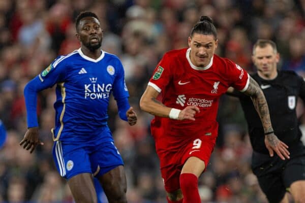 LIVERPOOL, ENGLAND - Wednesday, September 27, 2023: Liverpool's Darwin Núñez during the Football League Cup 3rd Round match between Liverpool FC and Leicester City FC at Anfield. Liverpool won 3-1. (Pic by David Rawcliffe/Propaganda)