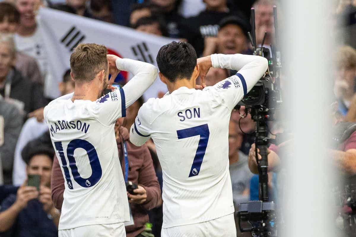 LONDON, ENGLAND - Saturday, September 30, 2023: Tottenham Hotspur's captain Son Heung-min (R) celebrates with team-mate James Maddison after scoring the opening goal during the FA Premier League match between Tottenham Hotspur FC and Liverpool FC at the Tottenham Hotspur Stadium. (Pic by David Rawcliffe/Propaganda)