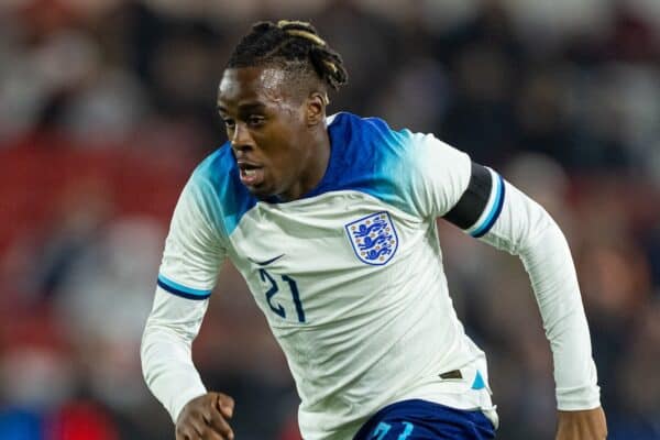 NOTTINGHAM, ENGLAND - Thursday, October 12, 2023: England's Jamie Bynoe-Gittens during the 2025 UEFA European Under-21 Championship Qualifying Group F game between England and Serbia at the City Ground. England won 9-1. (Photo by David Rawcliffe/Propaganda)