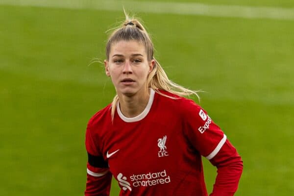 LIVERPOOL, ENGLAND - Sunday, October 15, 2023: Liverpool's Marie Höbinger during the FA Women’s Super League game between Liverpool FC Women and Everton FC Women at Anfield. Everton won 1-0. (Photo by Paul Greenwood/Propaganda)