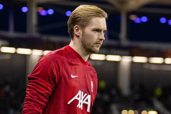 TOULOUSE, FRANCE - Thursday, November 9, 2023: Liverpool's goalkeeper Caoimhin Kelleher during the pre-match warm-up before the UEFA Europa League Group E match-day 4 game between Toulouse FC and Liverpool FC at the Stadium de Toulouse. (Photo by David Rawcliffe/Propaganda)
