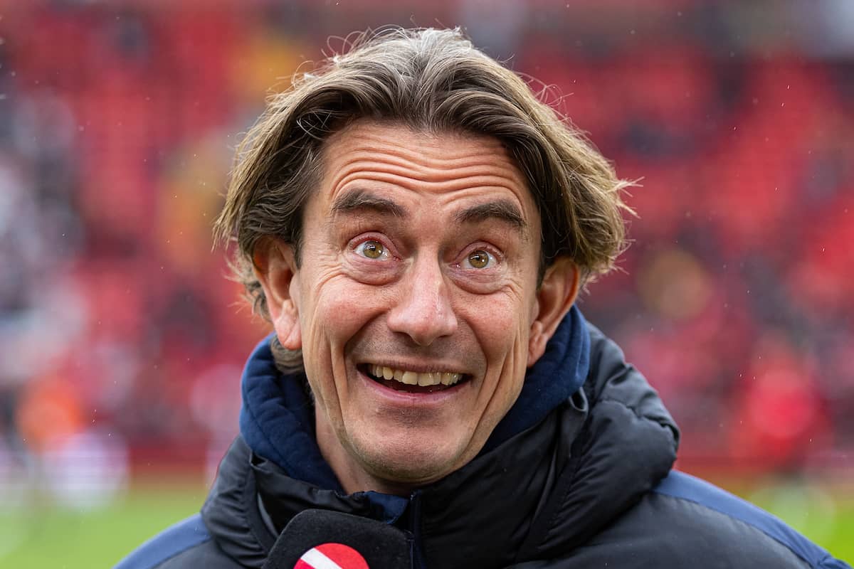 LIVERPOOL, ENGLAND - Saturday, November 11, 2023: Brentford's manager Thomas Frank interviewed before the FA Premier League match between Liverpool FC and Brentford FC at Anfield. Liverpool won 3-0. (Photo by David Rawcliffe/Propaganda)