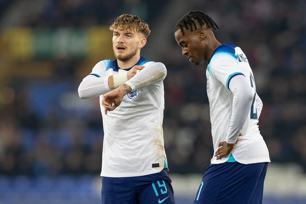 LIVERPOOL, ENGLAND - Tuesday, November 21, 2023: England's Harvey Elliott (L) and Jamie Bynoe-Gittens during the 2025 UEFA European Under-21 Championship Qualifying Group F game between England and Northern Ireland at Goodison Park. (Photo by Paul Currie/Propaganda)