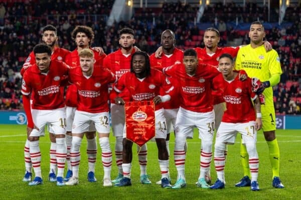 EINDHOVEN, THE NETHERLANDS - Tuesday, December 12, 2023: PSV Eindhoven players line-up for a team group photograph before the UEFA Champions League Group B game between PSV Eindhoven and Arsenal FC at the Philips Stadion. The game ended in a 1-1 draw. Back row L-R: Ismael Saibari, captain André Ramalho, Ricardo Pepi, Jordan Teze, Armando Obispo, goalkeeper Walter Benítez. Front row L-R: Malik Tillman, Yorbe Vertessen, Johan Bakayoko, Patrick Van Aanholt, Mauro Júnior. (Photo by David Rawcliffe/Propaganda)