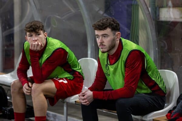 BRUSSELS, BELGIUM - Thursday, December 14, 2023: Liverpool's substitutes Lewis Koumas and Tom Hill on the bench before the UEFA Europa League Group E match-day 6 game between Royale Union Saint-Gilloise and Liverpool FC at the Constant Vanden Stock Stadium. Union SG won 2-1. (Photo by David Rawcliffe/Propaganda)